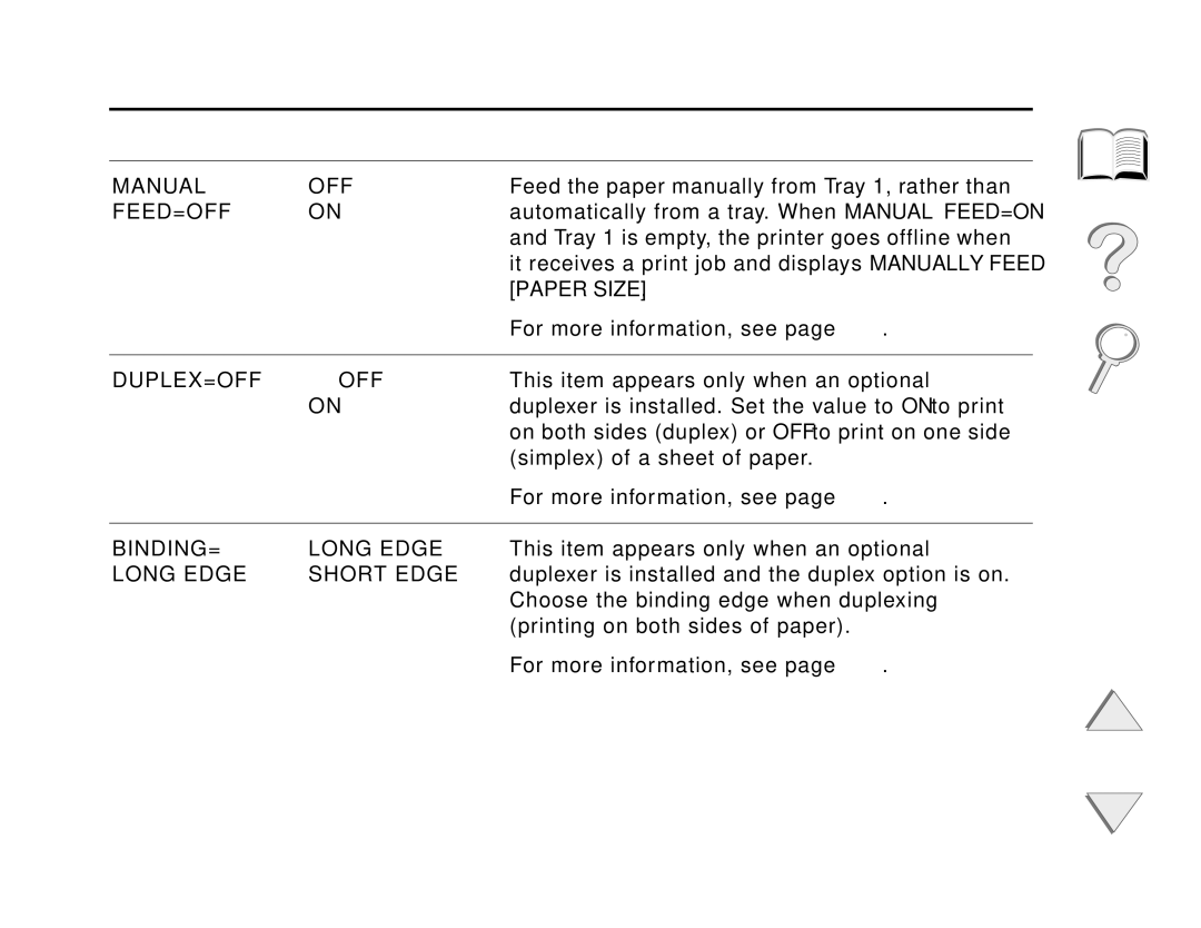 HP and 8150 MFP manual Manual OFF, Feed=Off, Paper Size, Duplex=Off, Binding=, Long Edge 