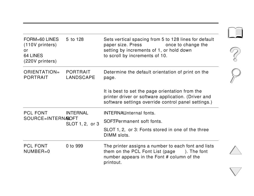 HP and 8150 MFP manual FORM=60 Lines, ORIENTATION= Portrait, Portrait Landscape, PCL Font Internal, Soft, NUMBER=0 