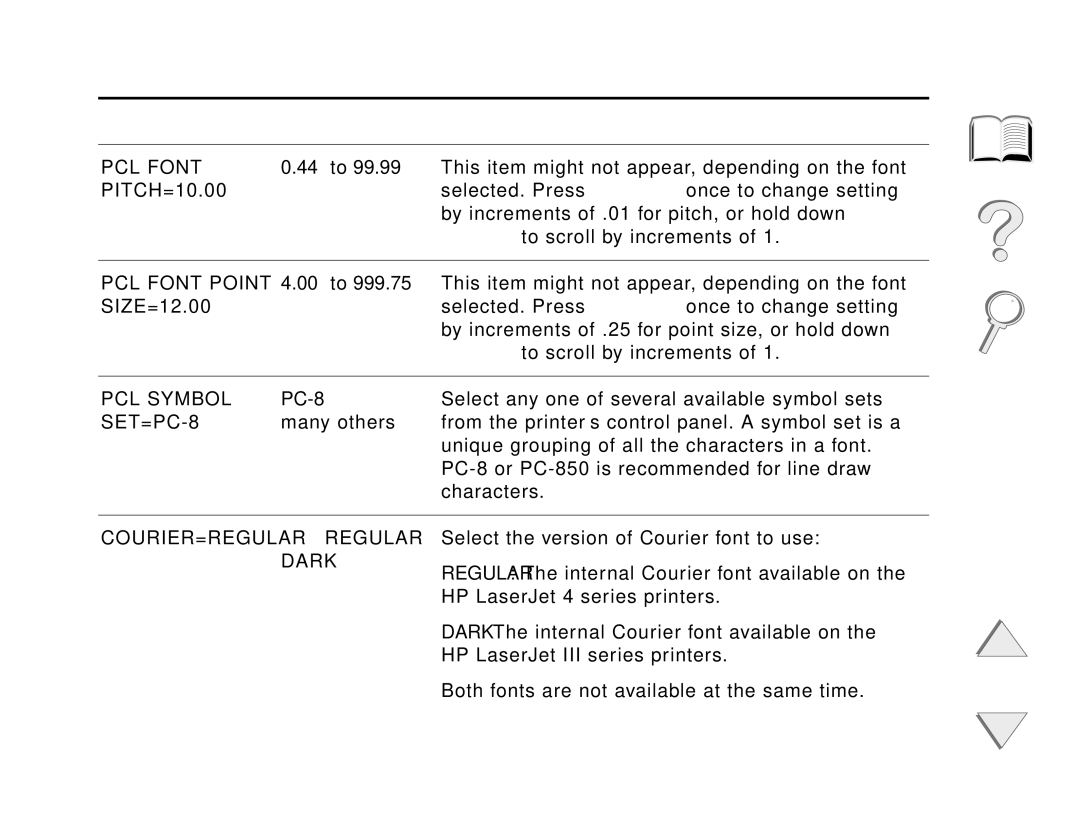 HP and 8150 MFP manual PCL Font Point, PCL Symbol, SET=PC-8, Regular 