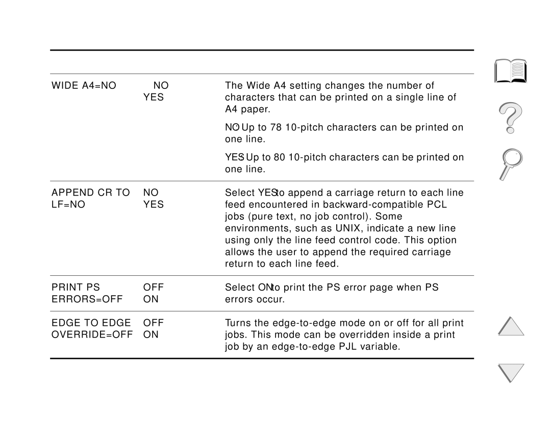 HP and 8150 MFP manual Wide A4=NO, CR to, Lf=No Yes, Print OFF, Errors=Off, Edge to Edge OFF, Override=Off 