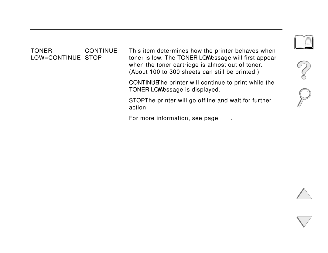 HP and 8150 MFP manual Toner Continue, LOW=CONTINUE Stop 