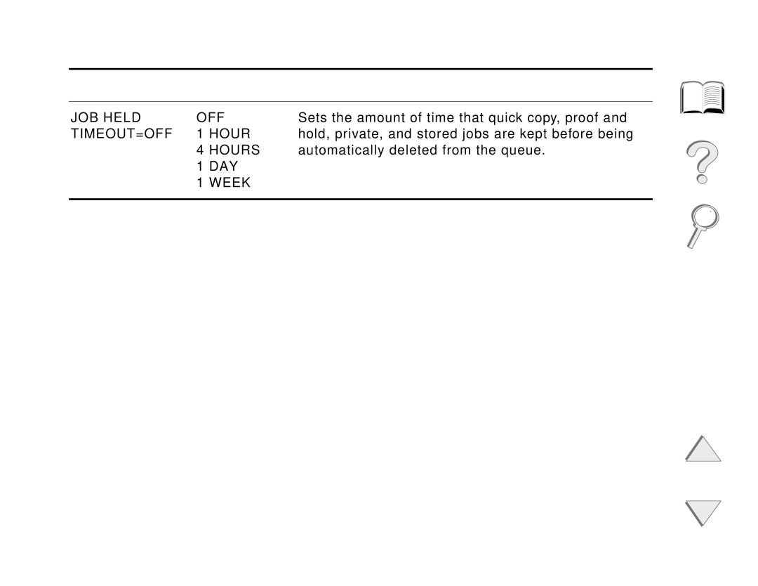 HP and 8150 MFP manual JOB Held OFF, TIMEOUT=OFF Hour, DAY Week 