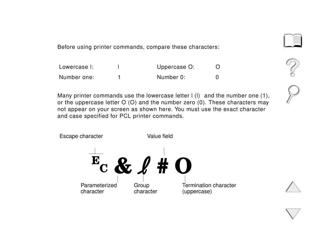 HP and 8150 MFP manual Understanding PCL Printer Command Syntax, Escape character, Parameterized Group, Character Uppercase 