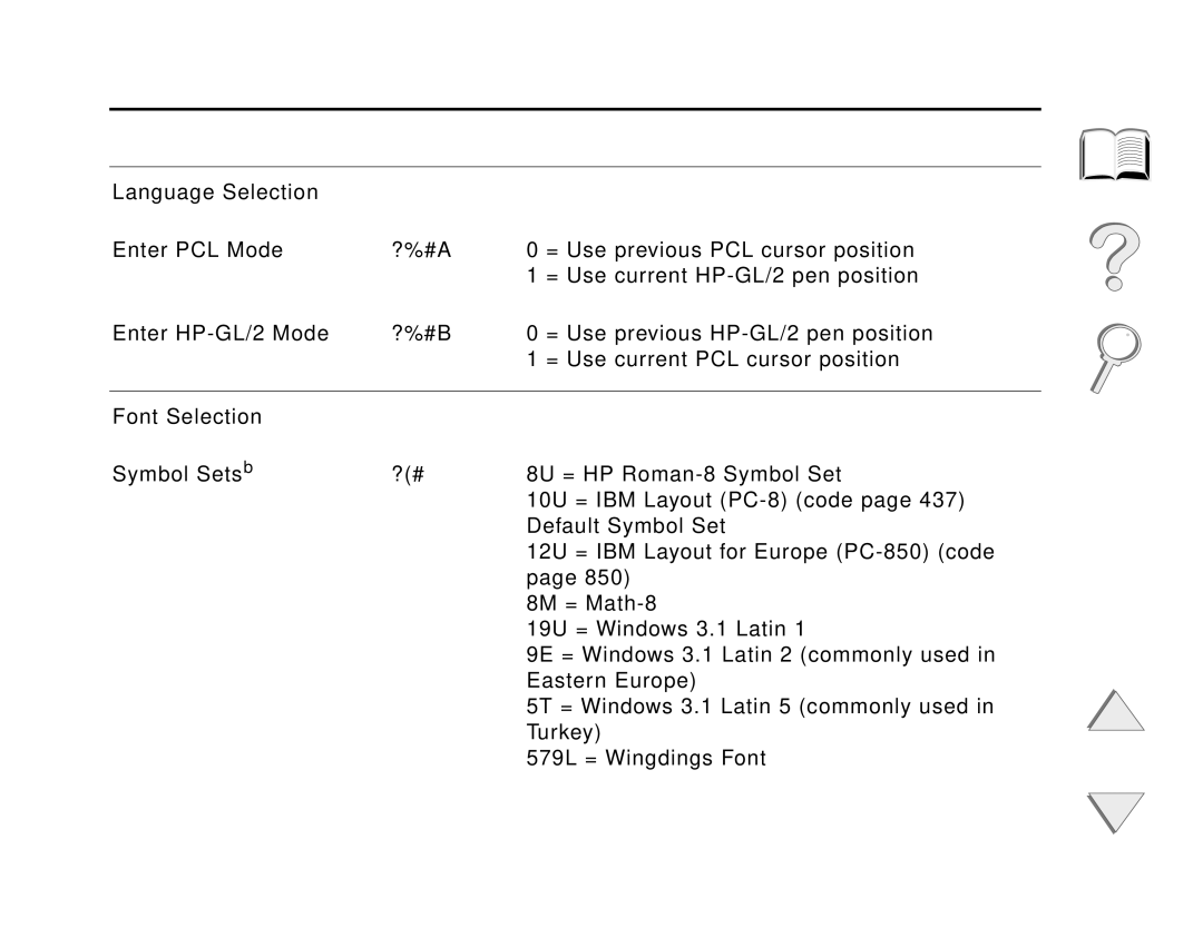 HP and 8150 MFP manual Appendix D Printer Commands 491, Language Selection, Font Selection 