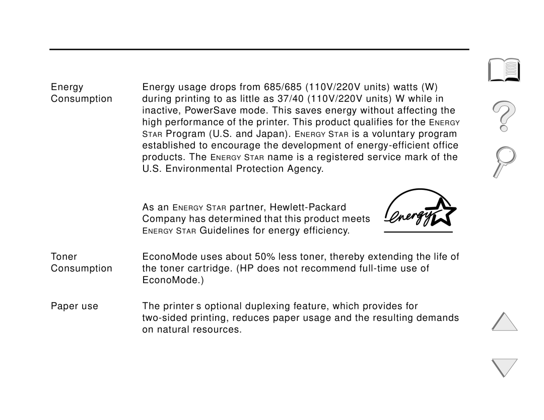 HP and 8150 MFP manual Appendix E Regulatory Information 498, Printer design reduces, Energy, Toner, Paper use 