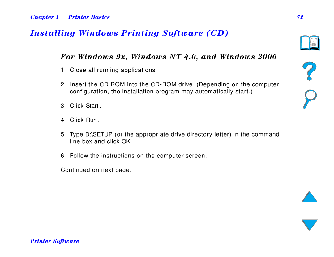 HP and 8150 MFP manual Installing Windows Printing Software CD, For Windows 9x, Windows NT 4.0, and Windows 