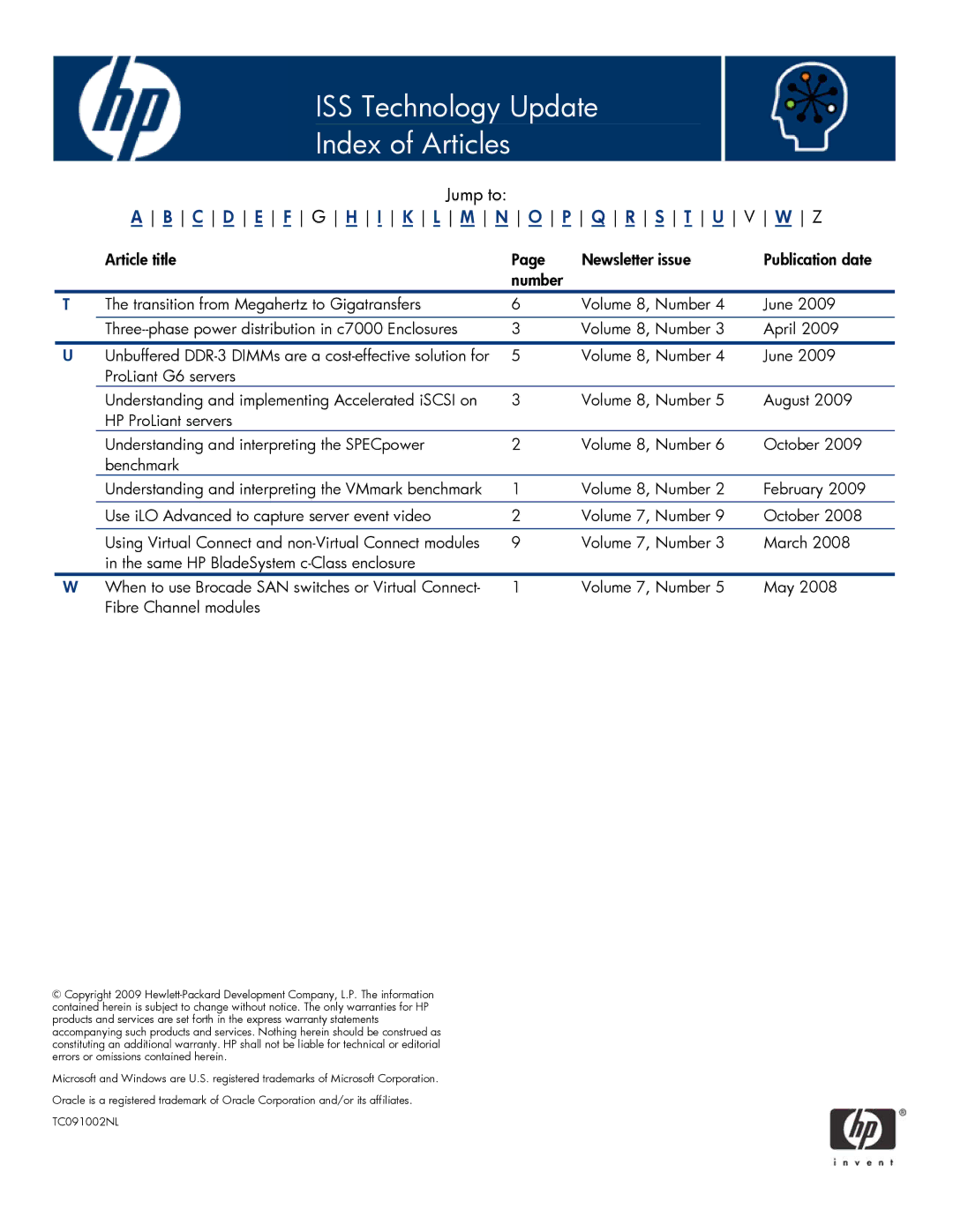 HP Anywhere SW manual ISS Technology Update Index of Articles 