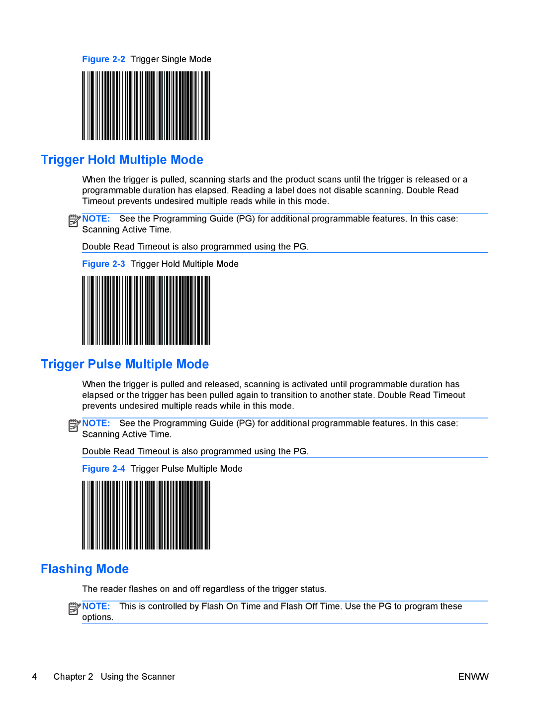 HP ap5000 Point of Sale System manual Trigger Hold Multiple Mode, Trigger Pulse Multiple Mode, Flashing Mode 