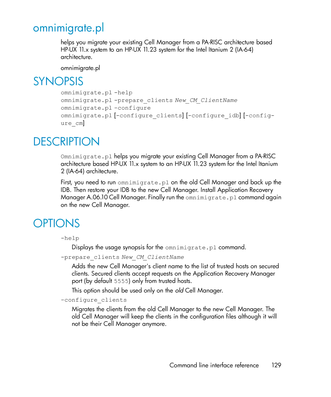 HP Application Recovery Manager Cell Manager Windows Media Kit manual Omnimigrate.pl, Prepareclients NewCMClientName 