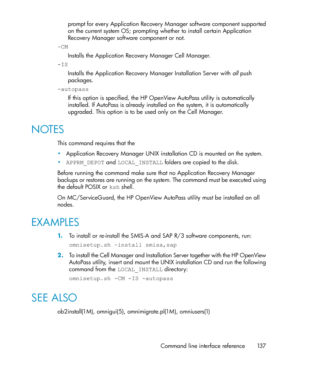 HP Application Recovery Manager Cell Manager Windows Media Kit manual Autopass, Omnisetup.sh -CM -IS -autopass 