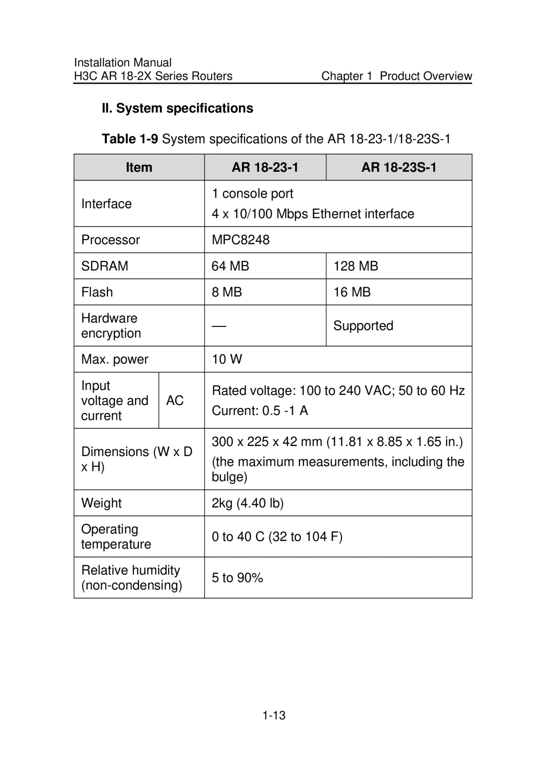 HP AR 18 Router manual II. System specifications, AR 18-23S-1 