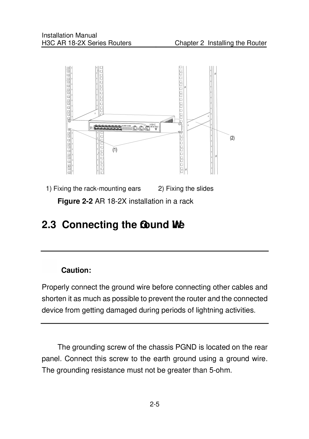 HP AR 18 Router manual Connecting the Ground Wire, 2AR 18-2X installation in a rack 