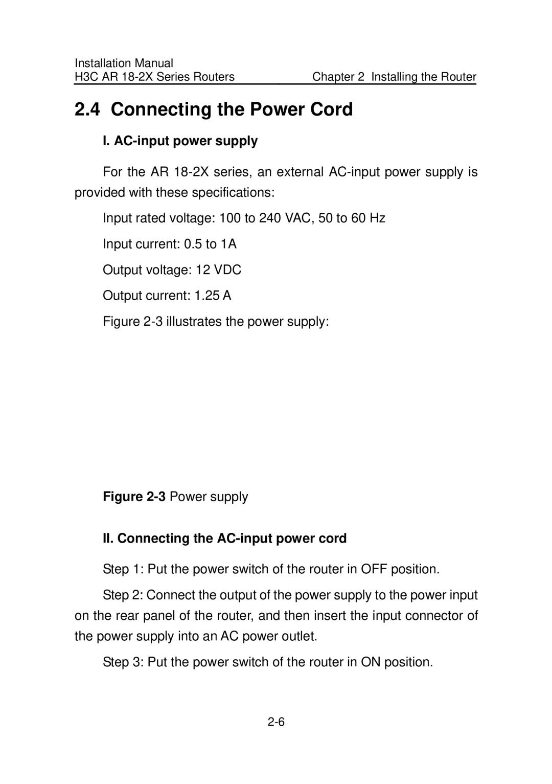 HP AR 18 Router manual Connecting the Power Cord, AC-input power supply, II. Connecting the AC-input power cord 