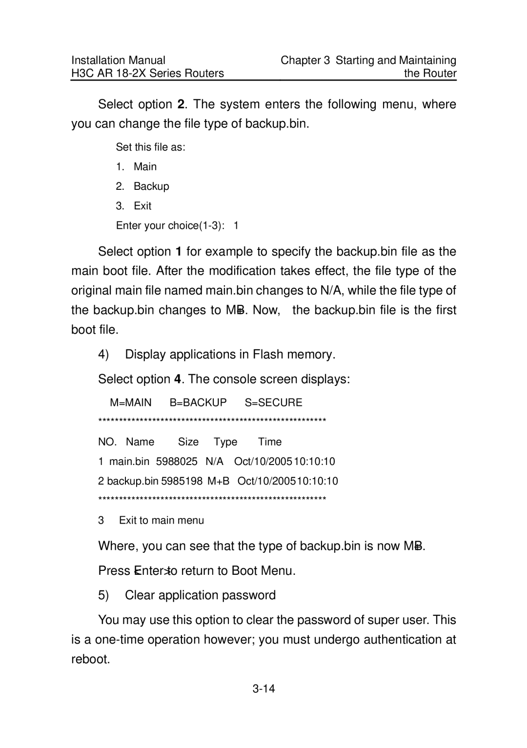 HP AR 18 Router manual Set this file as Main Backup Exit Enter your choice1-3 