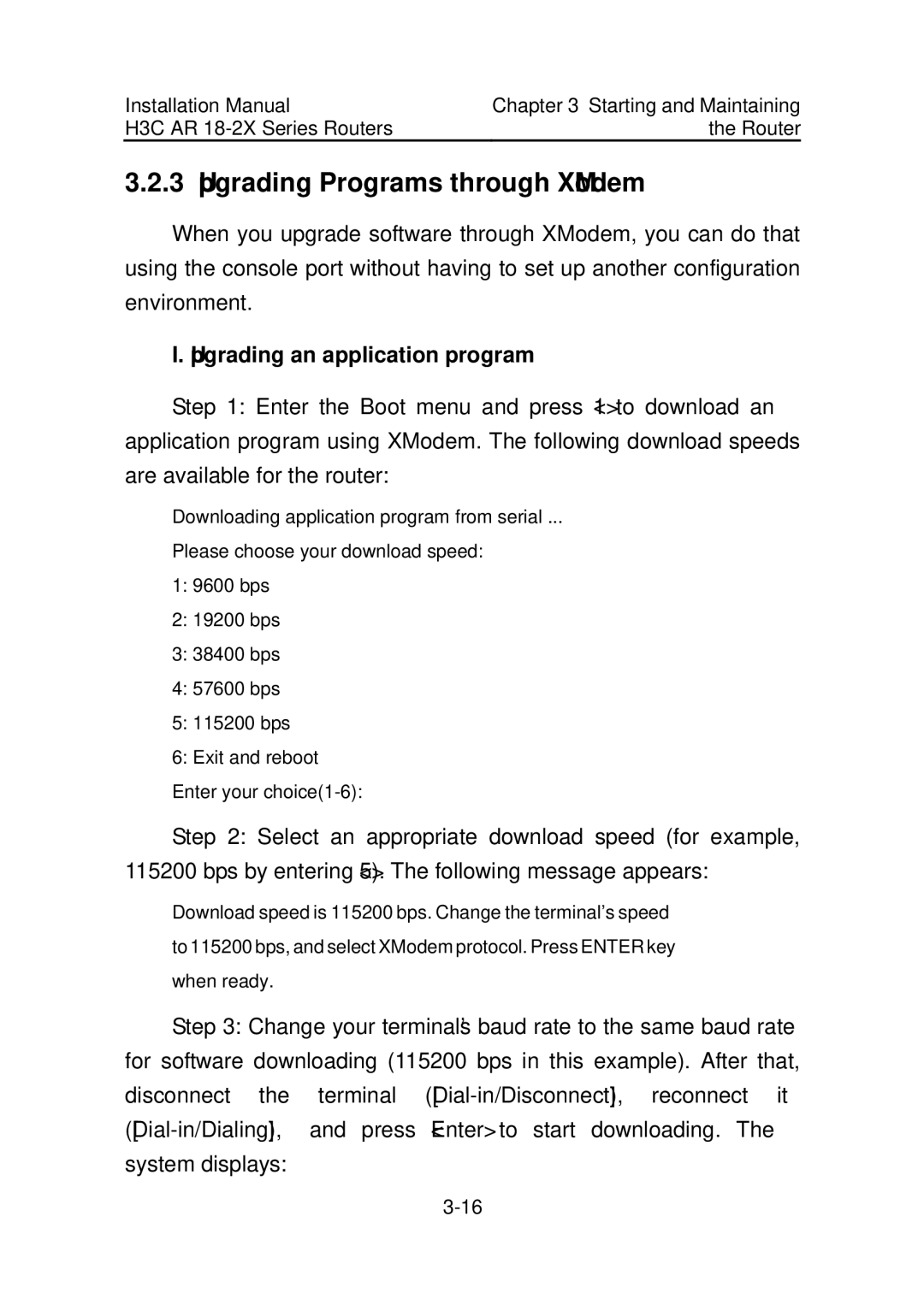 HP AR 18 Router manual Upgrading Programs through XModem, Upgrading an application program 