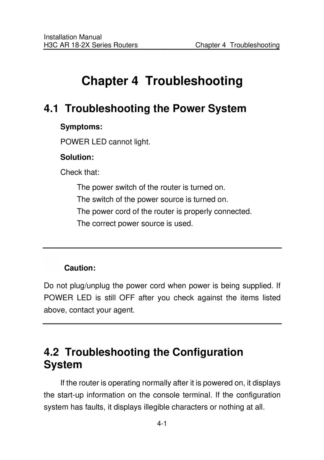 HP AR 18 Router manual Troubleshooting the Power System, Troubleshooting the Configuration System, Symptoms, Solution 