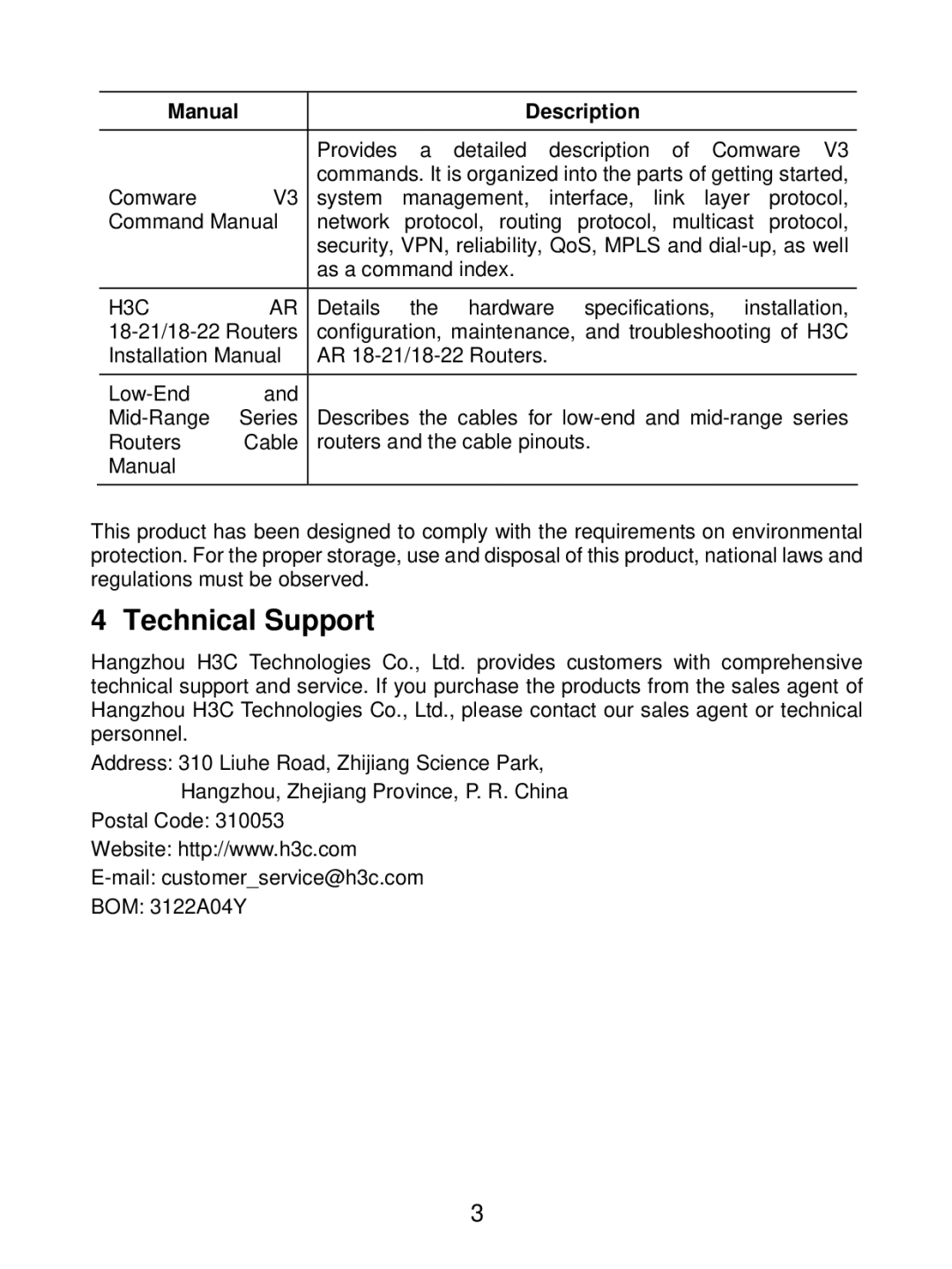 HP AR 18 Router manual Technical Support, H3C 