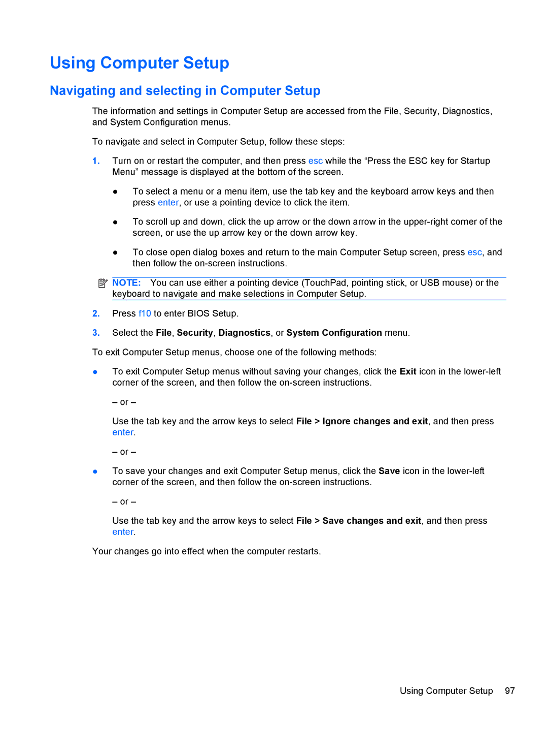 HP AS322USABA, NH303EPABA, NG879UPABA manual Using Computer Setup, Navigating and selecting in Computer Setup 