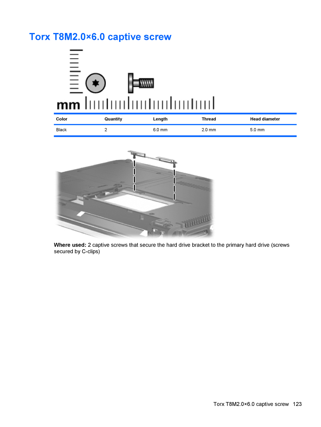 HP NG879UPABA, AS322USABA, NH303EPABA manual Torx T8M2.0×6.0 captive screw, Color Quantity Length Thread Head diameter Black 