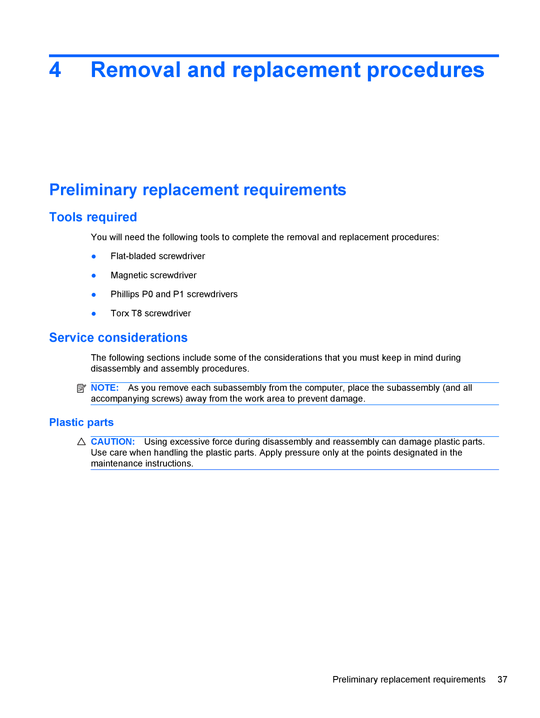 HP AS322USABA, NH303EPABA manual Removal and replacement procedures, Preliminary replacement requirements, Tools required 