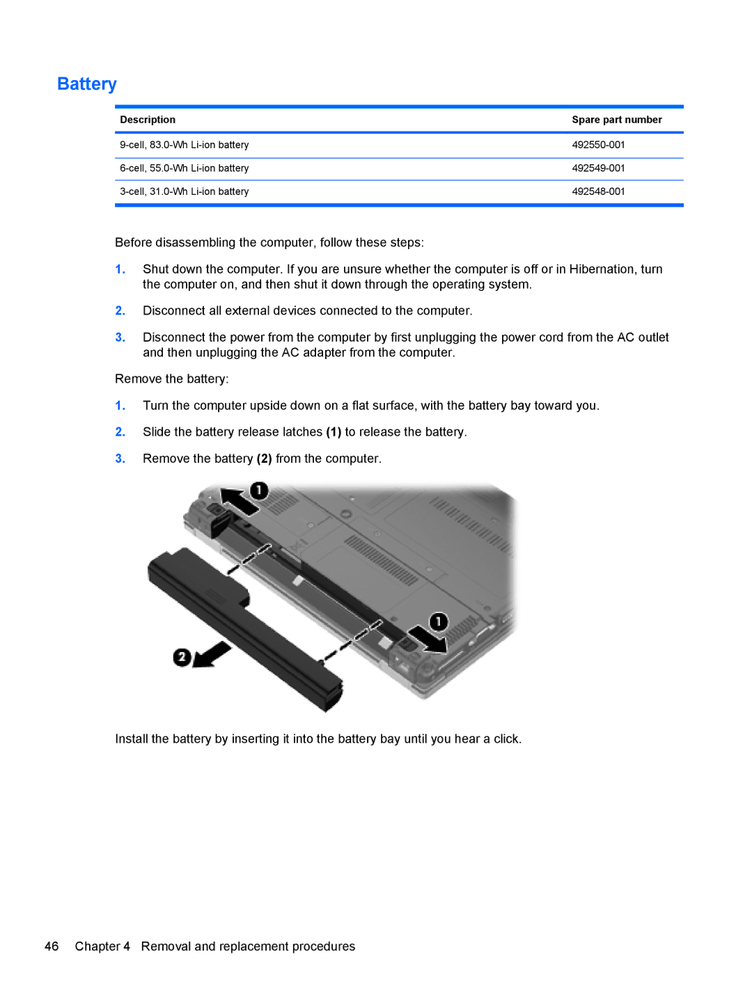 HP AS322USABA, NH303EPABA, NG879UPABA manual Battery, Description Spare part number 