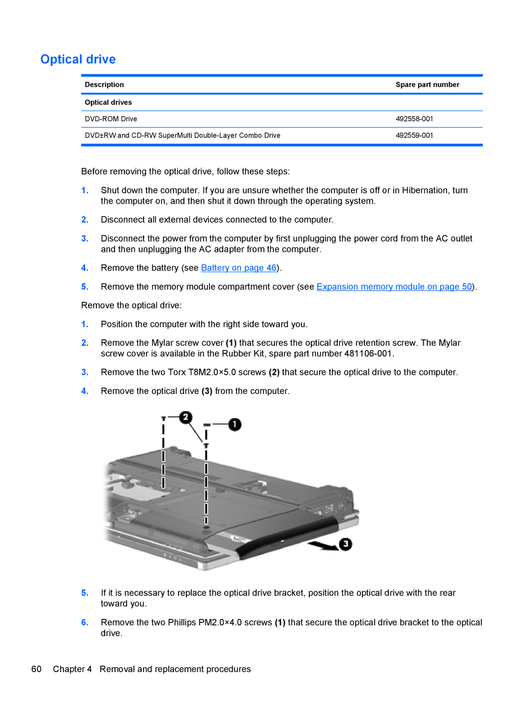 HP NG879UPABA, AS322USABA, NH303EPABA manual Description Spare part number Optical drives 