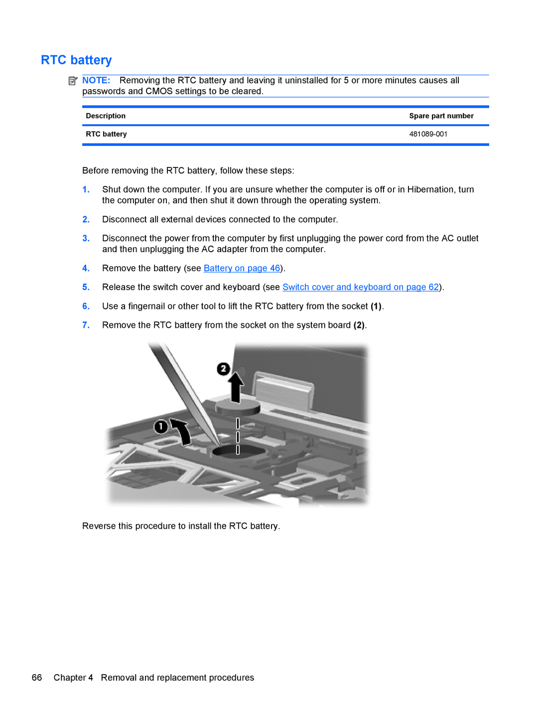 HP NG879UPABA, AS322USABA, NH303EPABA manual Description Spare part number RTC battery 481089-001 