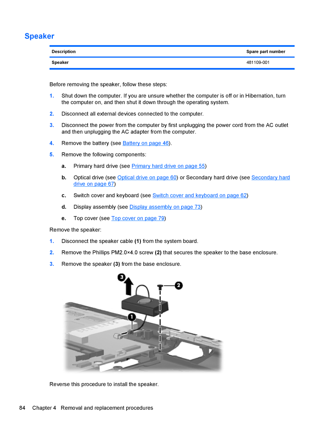 HP NG879UPABA, AS322USABA, NH303EPABA manual Description Spare part number Speaker 481109-001 