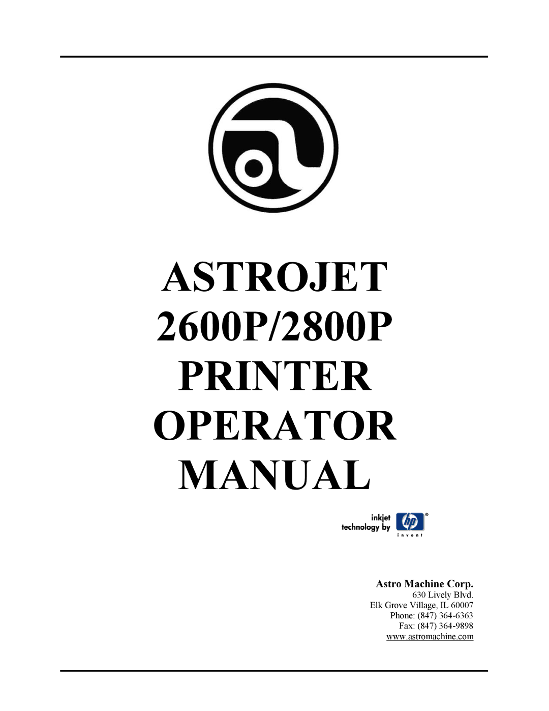 HP Astrojet 2800P, Astrojet 2600P manual Printer Operator Manual, Astro Machine Corp 