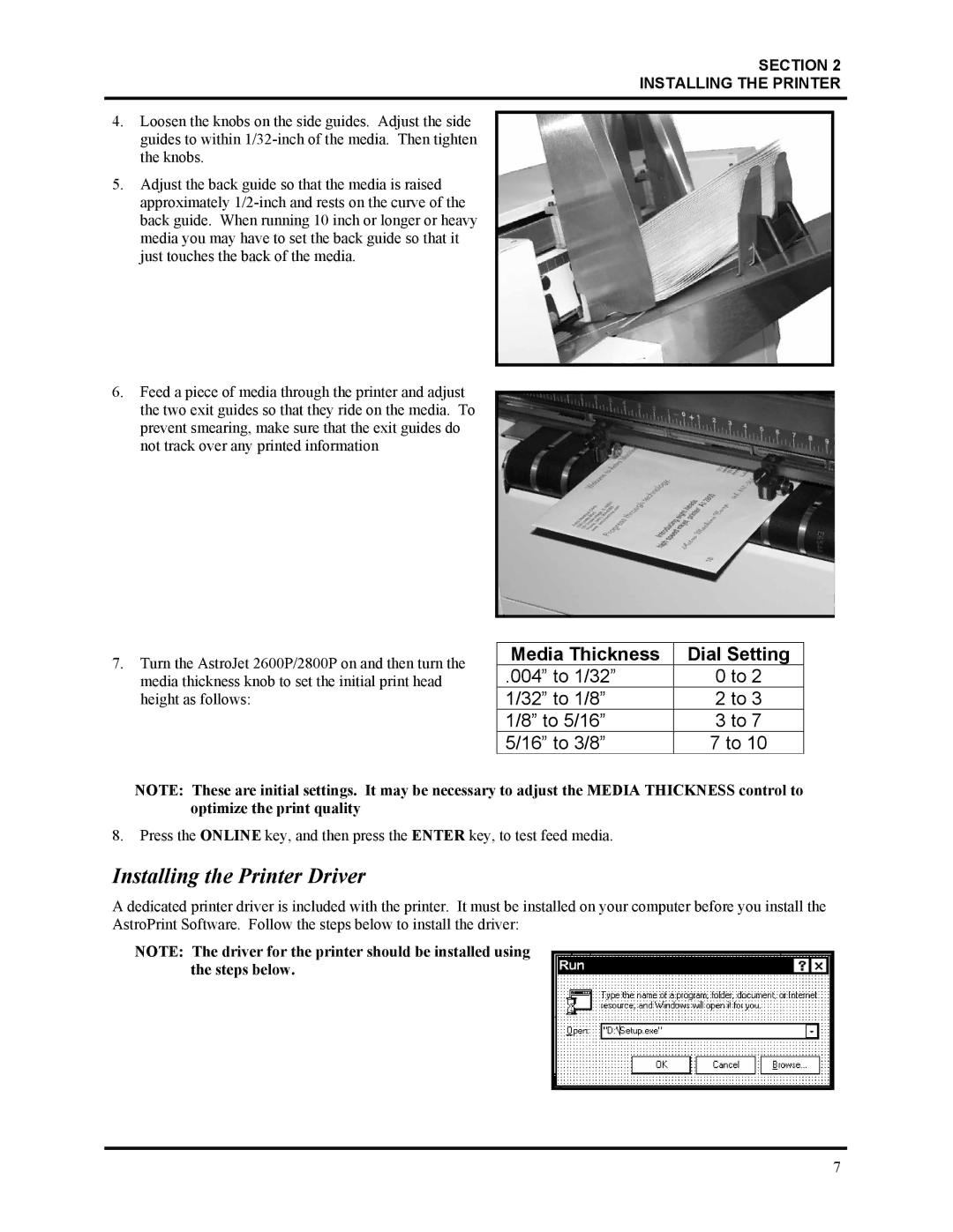 HP Astrojet 2800P, Astrojet 2600P manual Installing the Printer Driver, Media Thickness Dial Setting 