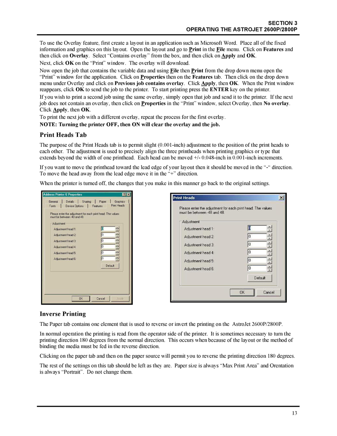 HP Astrojet 2800P, Astrojet 2600P manual Print Heads Tab, Inverse Printing 