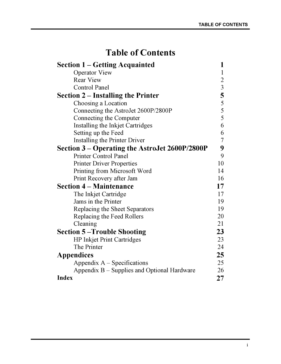 HP Astrojet 2800P, Astrojet 2600P manual Table of Contents 