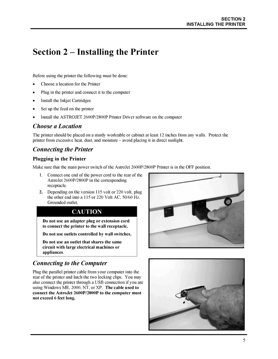 HP Astrojet 2800P manual Choose a Location, Connecting the Printer, Connecting to the Computer, Plugging in the Printer 