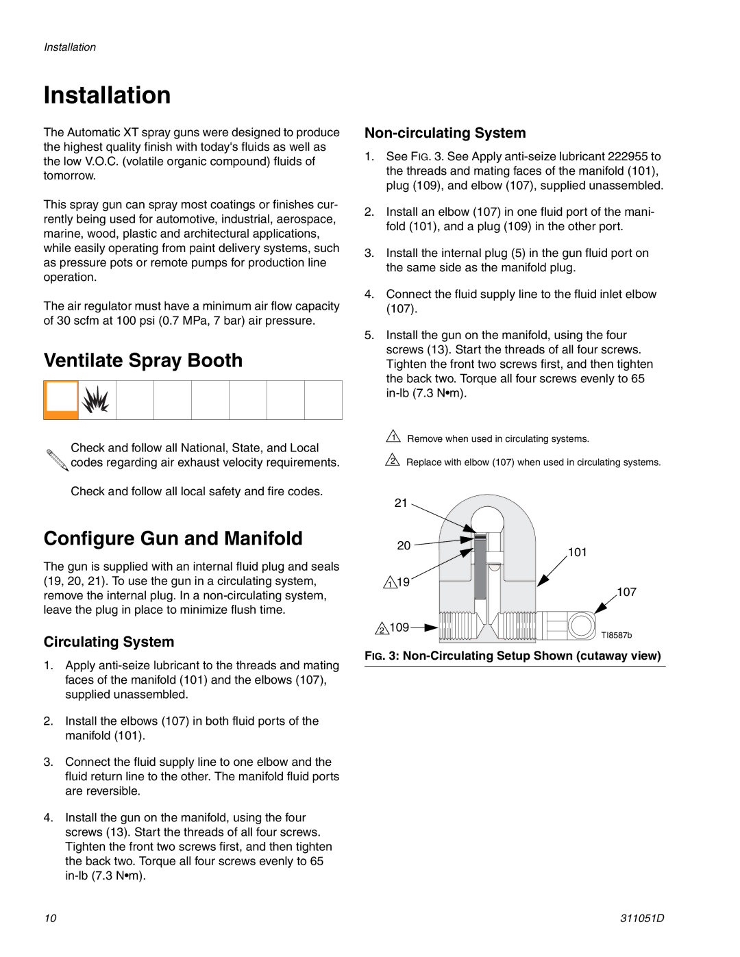 HP AUTOMATIC XT SPAY GUNS 311051D Installation, Ventilate Spray Booth, Configure Gun and Manifold, Non-circulating System 