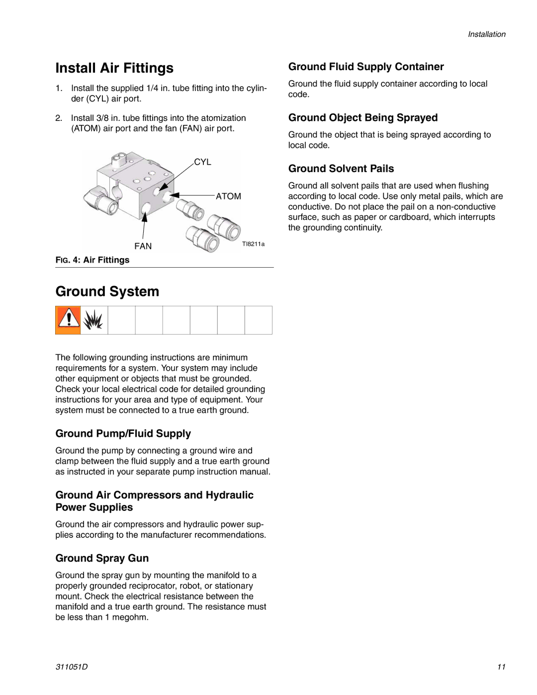 HP AUTOMATIC XT SPAY GUNS 311051D manual Install Air Fittings, Ground System 