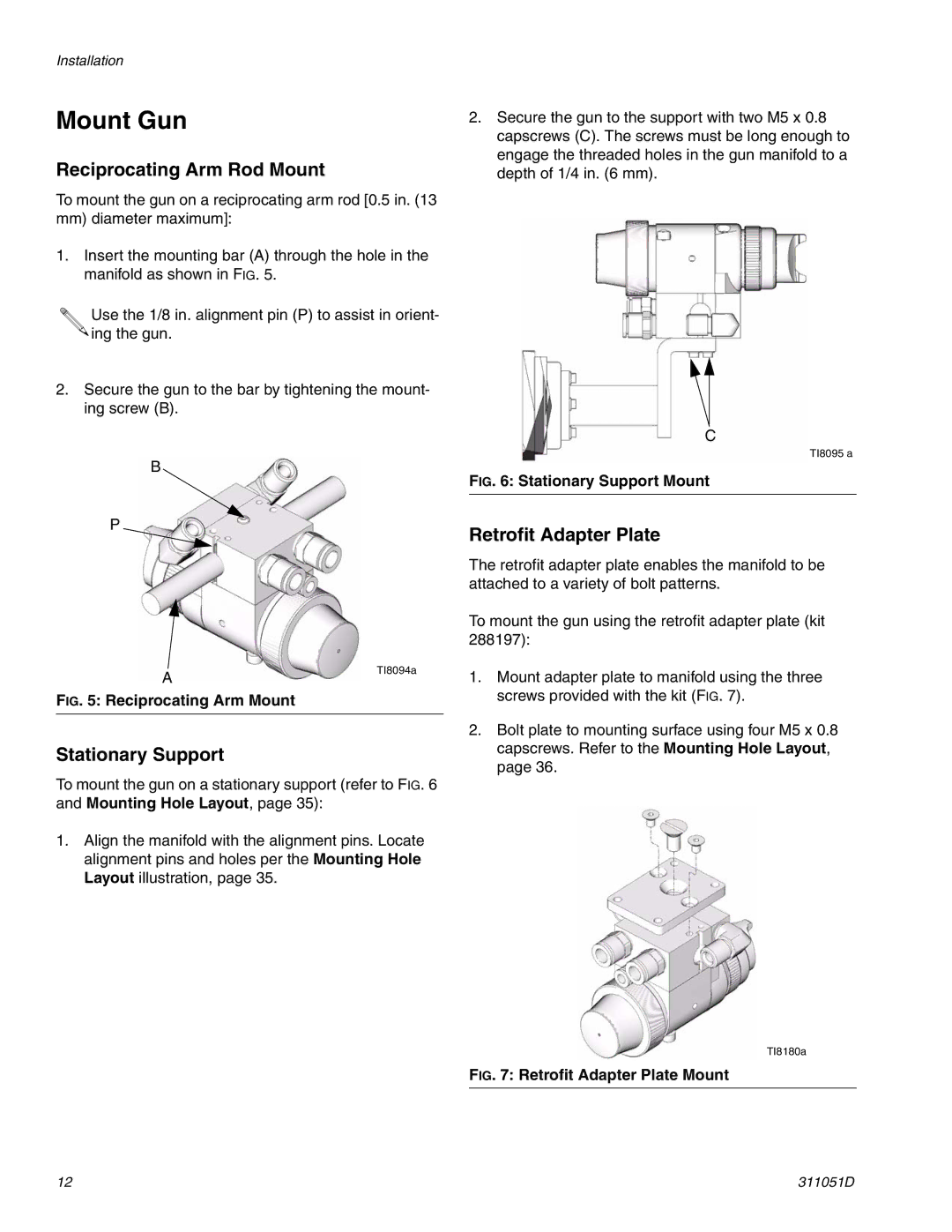 HP AUTOMATIC XT SPAY GUNS 311051D manual Mount Gun, Reciprocating Arm Rod Mount, Retrofit Adapter Plate, Stationary Support 