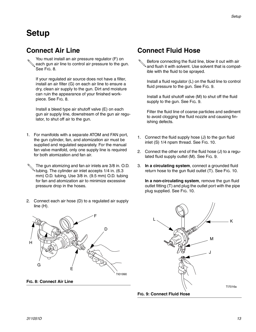 HP AUTOMATIC XT SPAY GUNS 311051D manual Setup, Connect Air Line, Connect Fluid Hose 