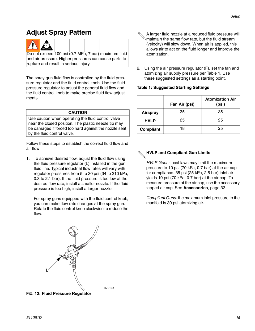 HP AUTOMATIC XT SPAY GUNS 311051D manual Adjust Spray Pattern, Compliant Hvlp and Compliant Gun Limits 