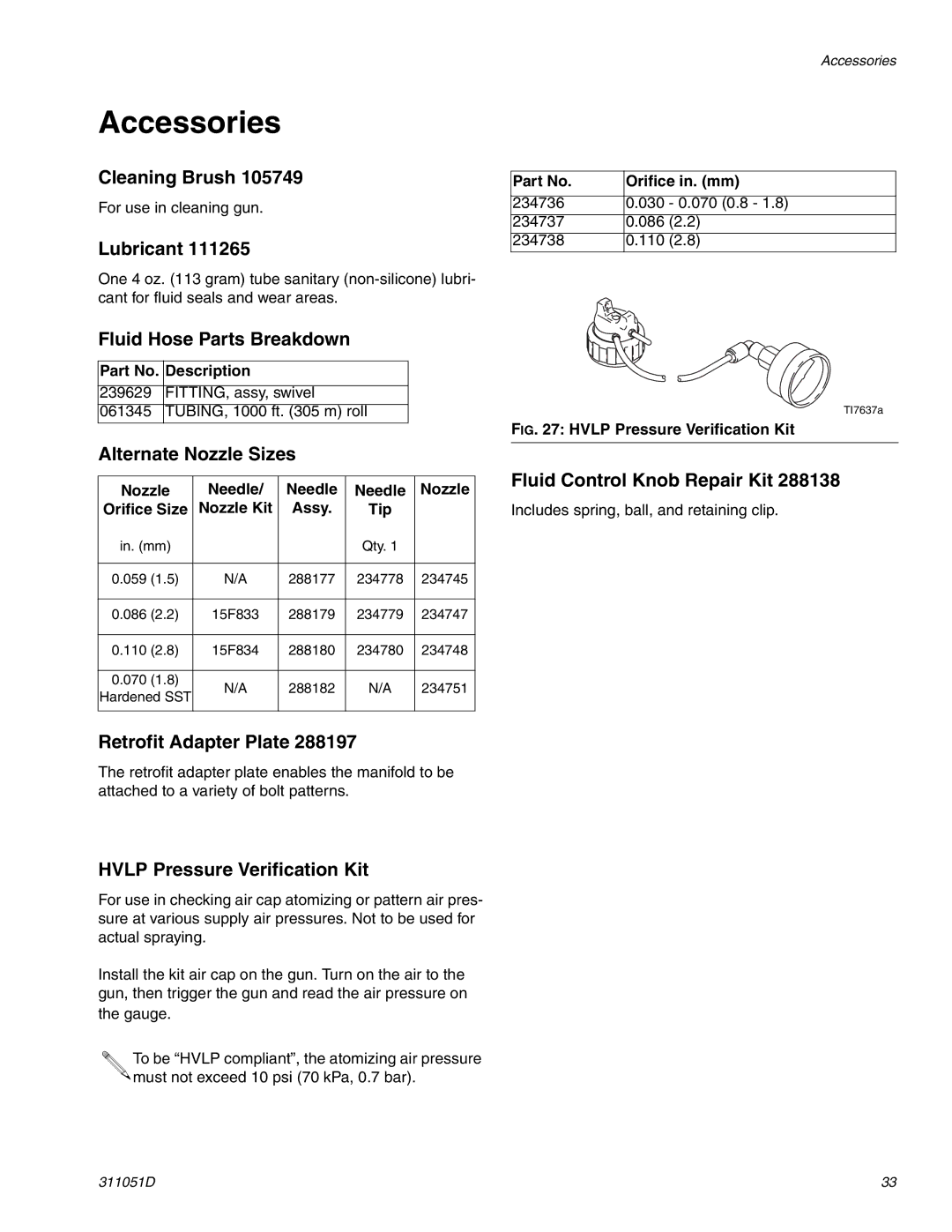 HP AUTOMATIC XT SPAY GUNS 311051D manual Accessories 