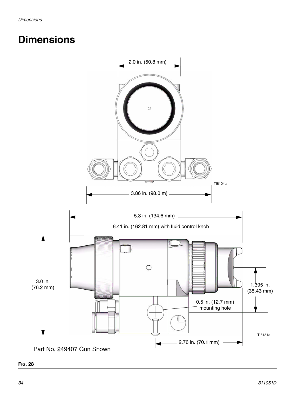 HP AUTOMATIC XT SPAY GUNS 311051D manual Dimensions 