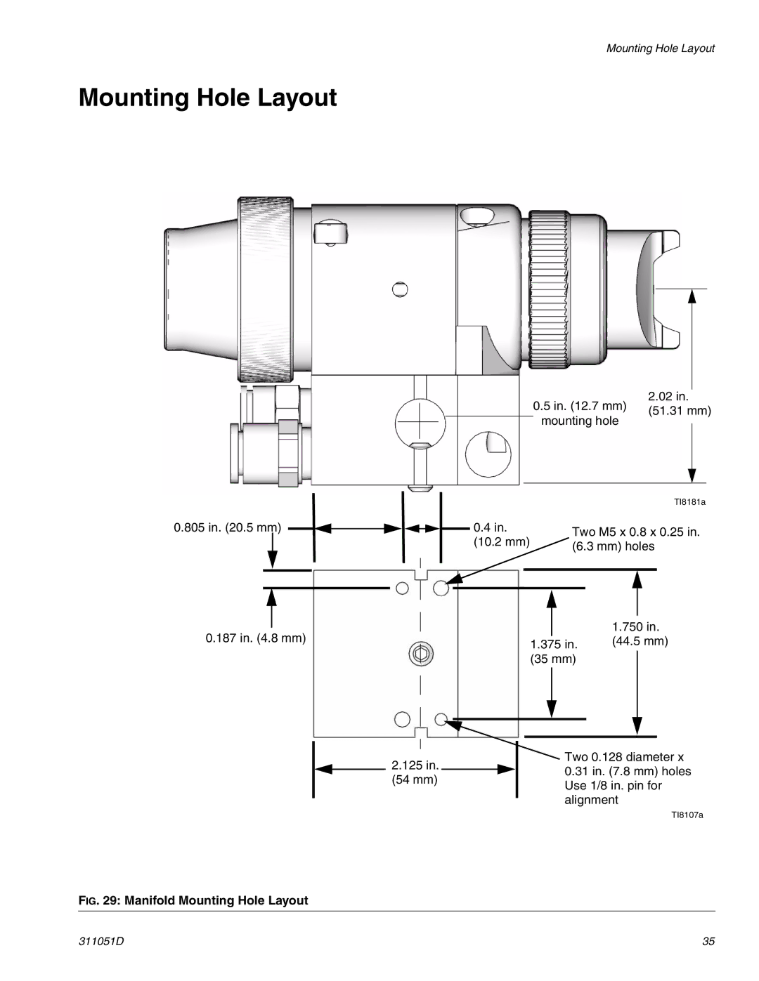 HP AUTOMATIC XT SPAY GUNS 311051D manual Manifold Mounting Hole Layout 