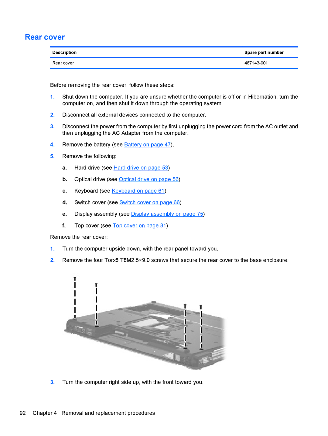 HP AW389USABA, FN023UAABA manual Description Spare part number Rear cover 487143-001 