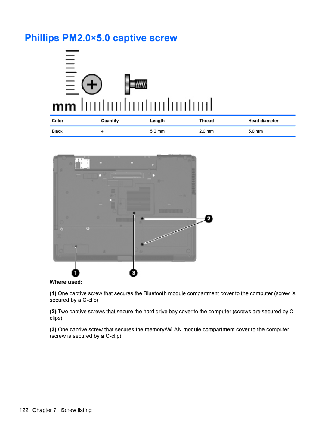 HP AW389USABA, FN023UAABA manual Phillips PM2.0×5.0 captive screw, Color Quantity Length Thread Head diameter Black 