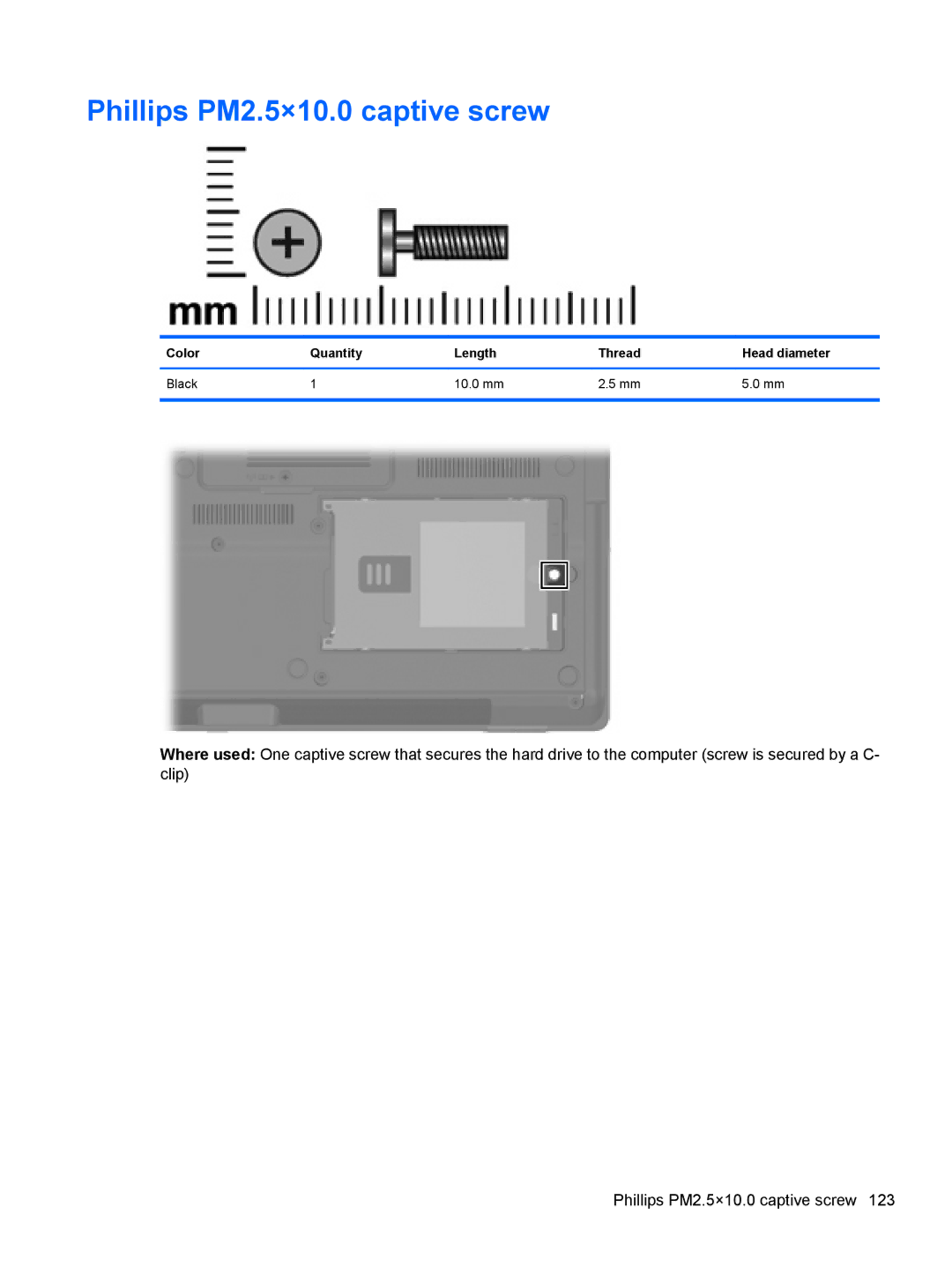 HP FN023UAABA, AW389USABA manual Phillips PM2.5×10.0 captive screw, Color Quantity Length Thread Head diameter Black 10.0 mm 