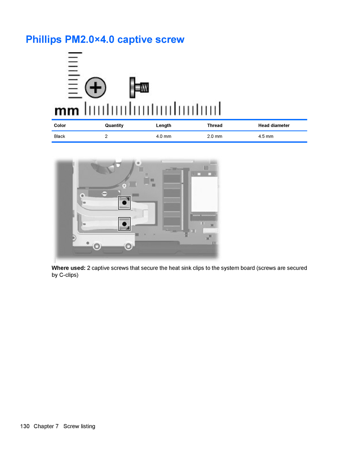 HP AW389USABA, FN023UAABA manual Phillips PM2.0×4.0 captive screw, Color Quantity Length Thread Head diameter Black 