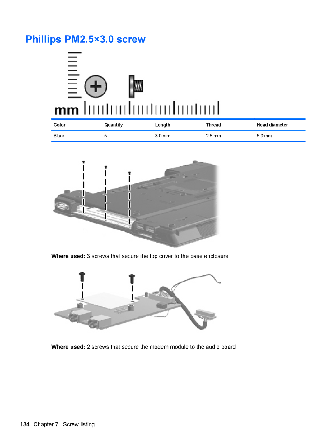 HP AW389USABA, FN023UAABA manual Phillips PM2.5×3.0 screw, Color Quantity Length Thread Head diameter Black 