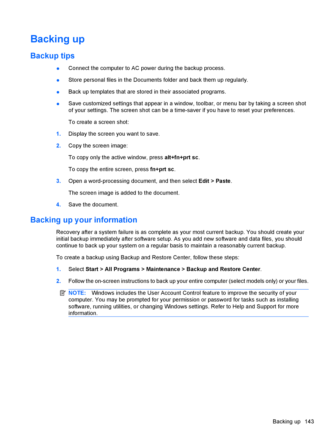 HP FN023UAABA, AW389USABA manual Backup tips, Backing up your information 