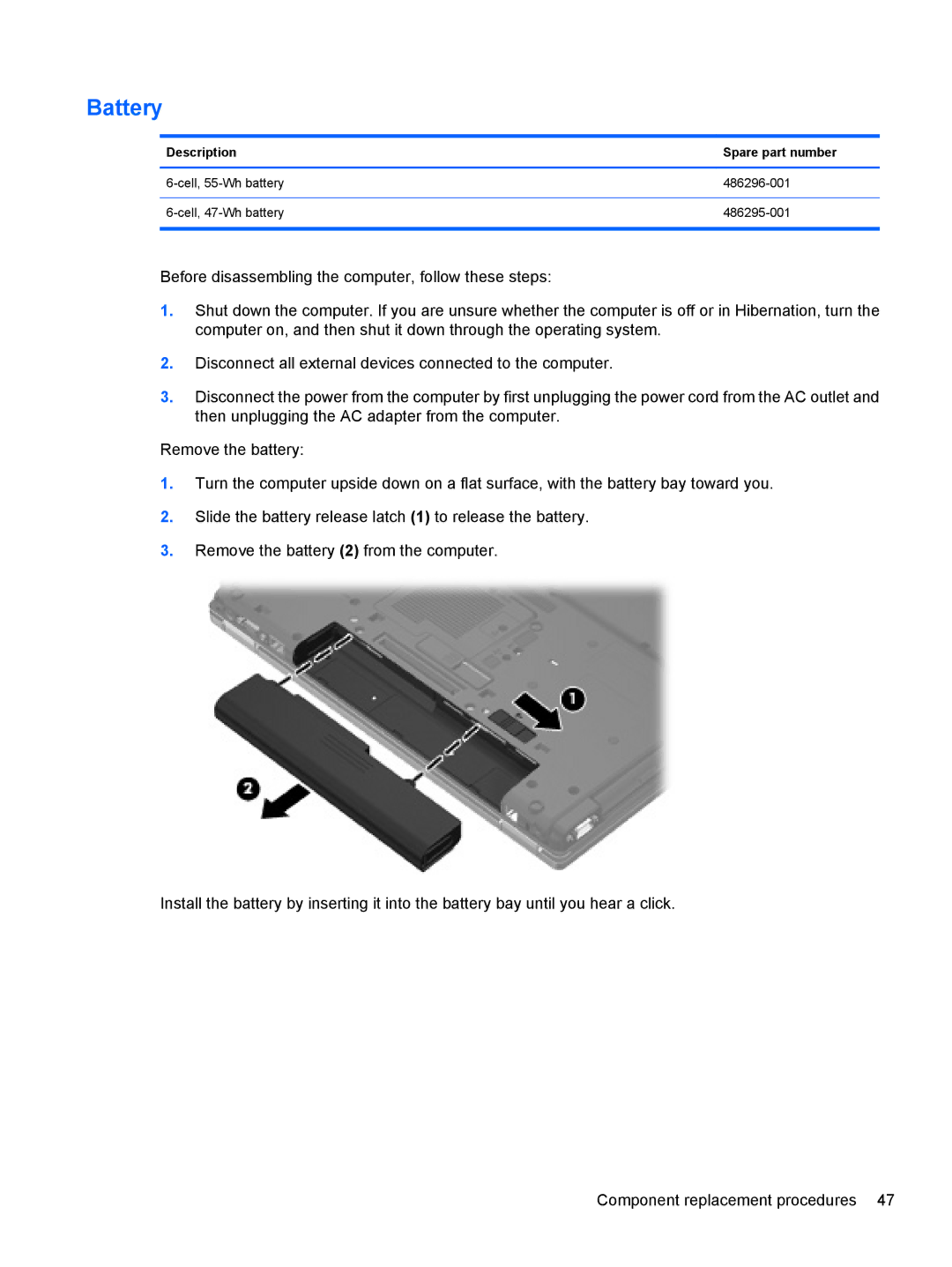 HP FN023UAABA, AW389USABA manual Battery, Description Spare part number 