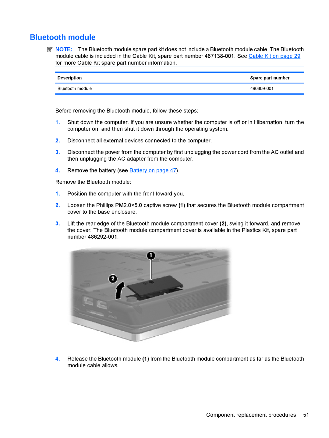 HP FN023UAABA, AW389USABA manual Description Spare part number Bluetooth module 490809-001 