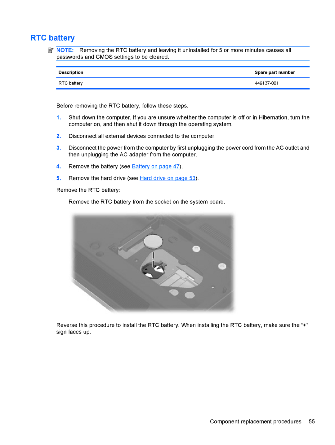 HP FN023UAABA, AW389USABA manual Description Spare part number RTC battery 449137-001 